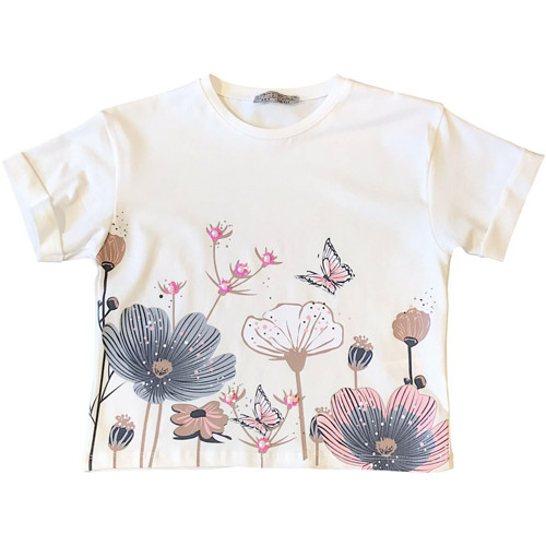 Kız Çocuk Çiçek Baskılı Taş Detaylı Tshirt
