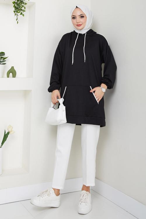 Biye Detaylı Kapüşonlu Kanguru Cepli Sweatshirt Tunik Siyah HM2645