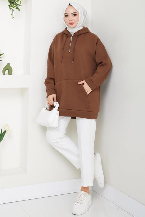 Üç İplik Fermuarlı Kapüşonlu Kanguru Cepli Sweatshirt Tunik Kahverengi HM2649