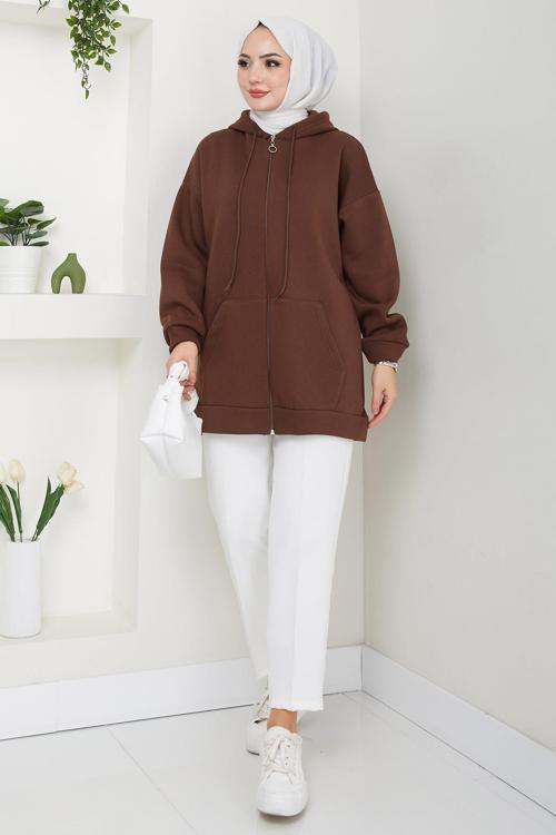 Kapüşonlu 3 İplik Şardonlu Fermuarlı Sweatshirt Kahverengi HM2648