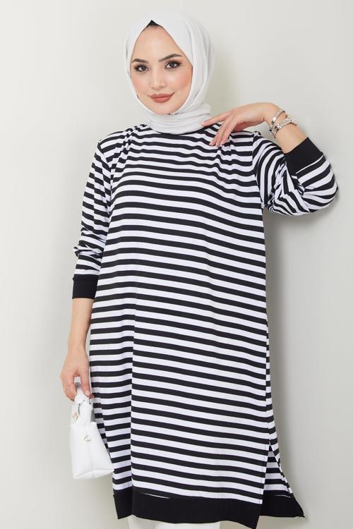 Çizgili Penye Tunik Siyah HM2418