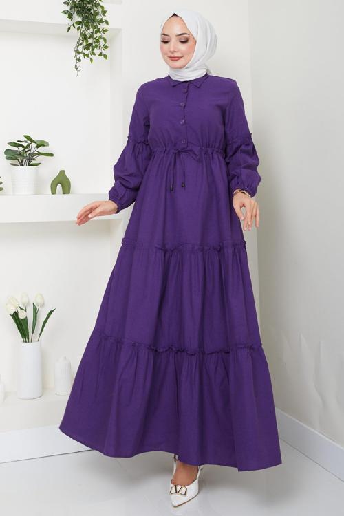 Önü Düğme Detaylı Büzgülü Elbise Mor HM2493
