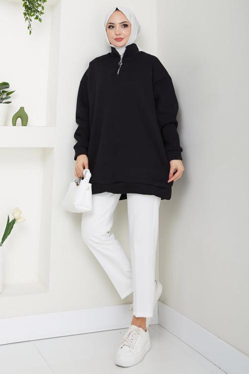 Fermuarlı 3 İplik Şardonlu Dik Yaka Sweatshirt Tunik Siyah HM2650