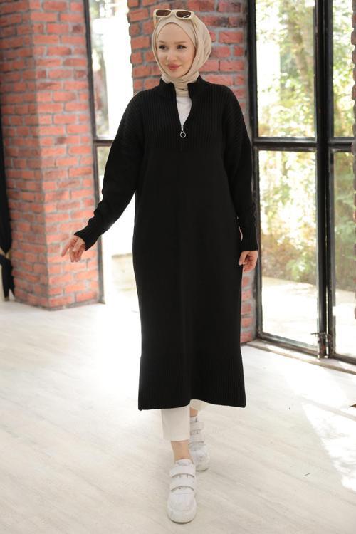 Fermuarlı Uzun Triko Tunik Siyah HM2529