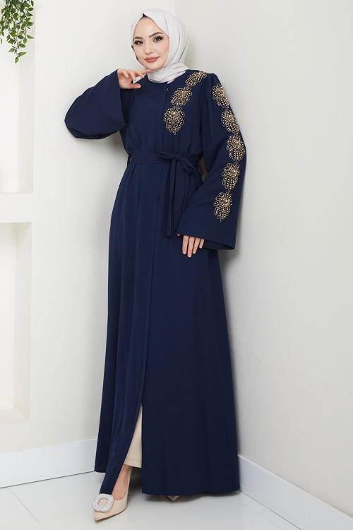 Çiçek Taşlı Kuşaklı Ferace Lacivert HM2713