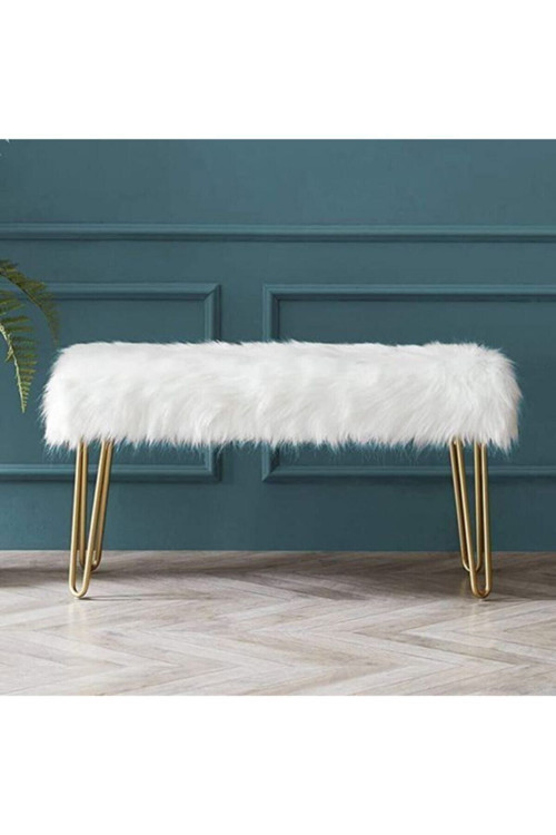 Sandalye Cafesi Metal Gold Ayaklı Beyaz Tüylü Peluş Puf Bench Gold394021K2
