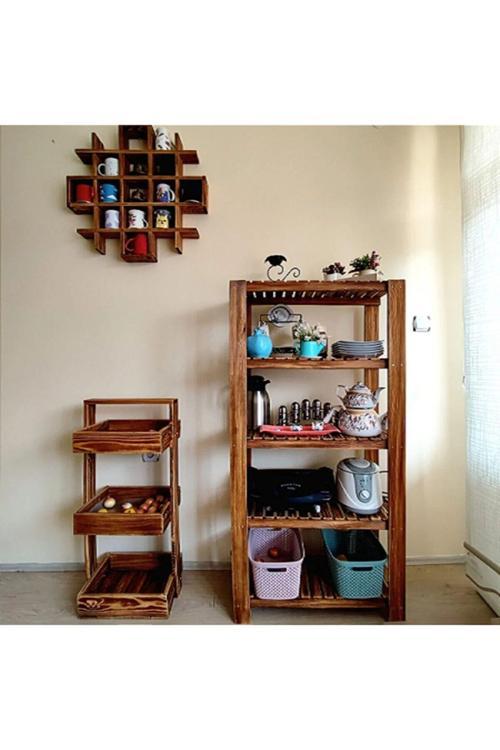 Masif Ahşap Dekoratif 5 Raflı Kitaplık Eskitme 140X70 Raf
