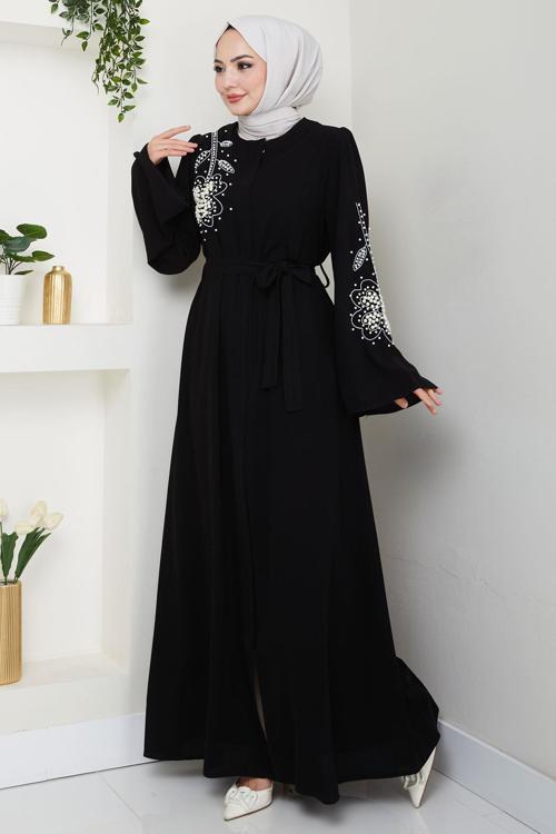 İncili Çiçek Motifli Kuşaklı Ferace Siyah HM2720