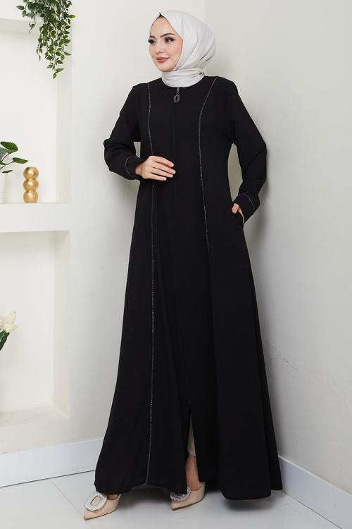 Boydan Şerit Taşlı Ferace Siyah HM2709