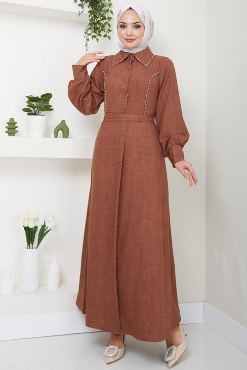 Boncuklu Sofia Elbise Taba HM2476