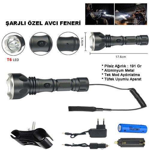 600 Lümen Tx6 Şarjlı Özel Avcı Feneri Watton Wt-253