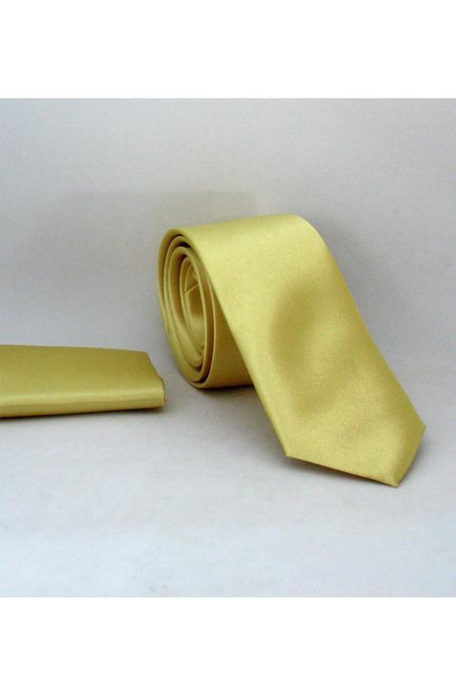 Açık Gold Slim Fit (ince) Düz Renk Mendilli Saten Kravat - SS-36