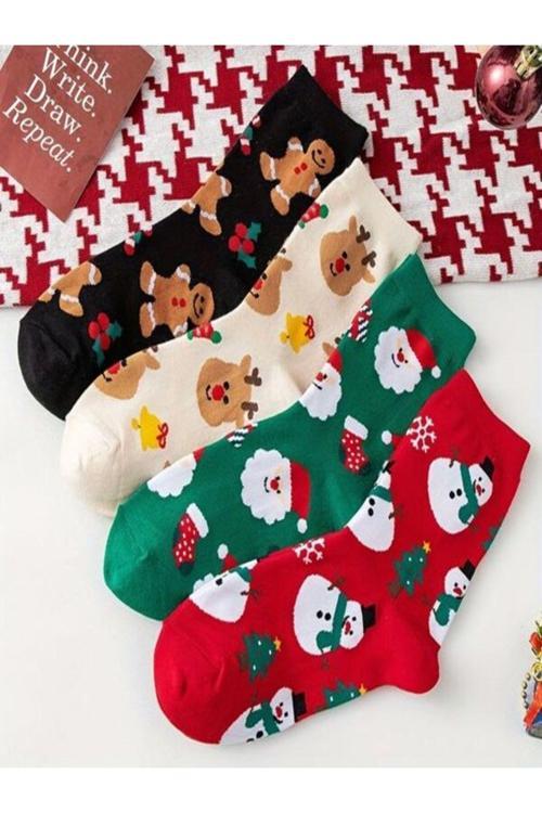 4'Lü Yılbaşı Ağaç Noel Baba Christmas Desenli Set Unisex Pamuklu Kokulu Soket Çorap