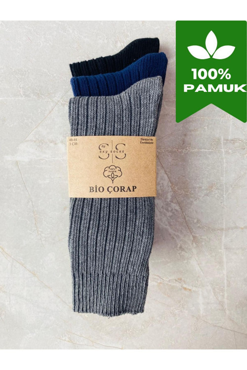 3'Lü %100 Pamuklu Bio Cotton Doğal Naturel Organik Örgülü Kışlık Kalın Erkek Çorap