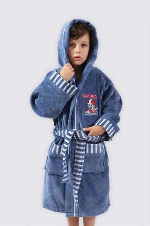 Racer Erkek Çocuk Bornoz %100 Organik Pamuk Nakışlı Mavi 9-10 Yaş