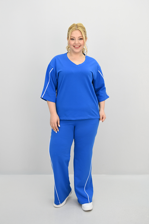 Kadın Büyük Beden Kısa Kollu V Yaka Ara Biye Detaylı Eşofman Takımı 8181-25