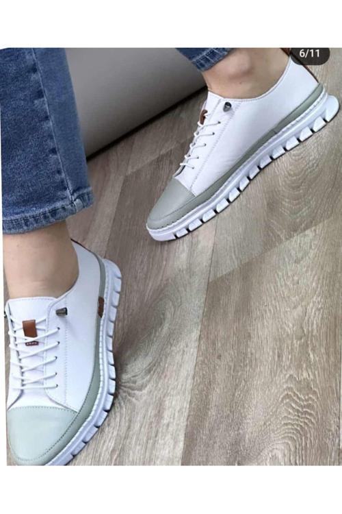 2010 Womenly Style Beyaz Gri Kadın Günlük Ayakkabı % 100 Hakiki Deri