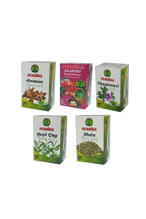 Yeşil Çaylı Bitki Çayı Seti 5 Adet X 20 Li