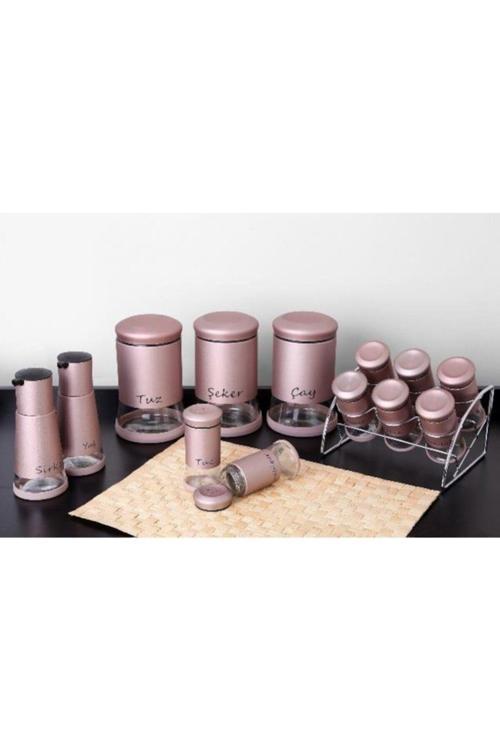 Rose Gold 13 Parça Cam Baharatlık Baharat Takımı Seti