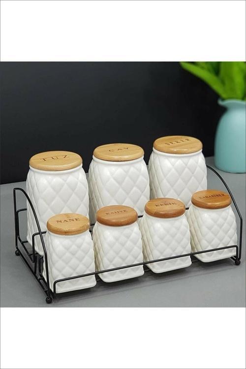 Seramik Baharat Takımı 7 Li Bambu Kapak