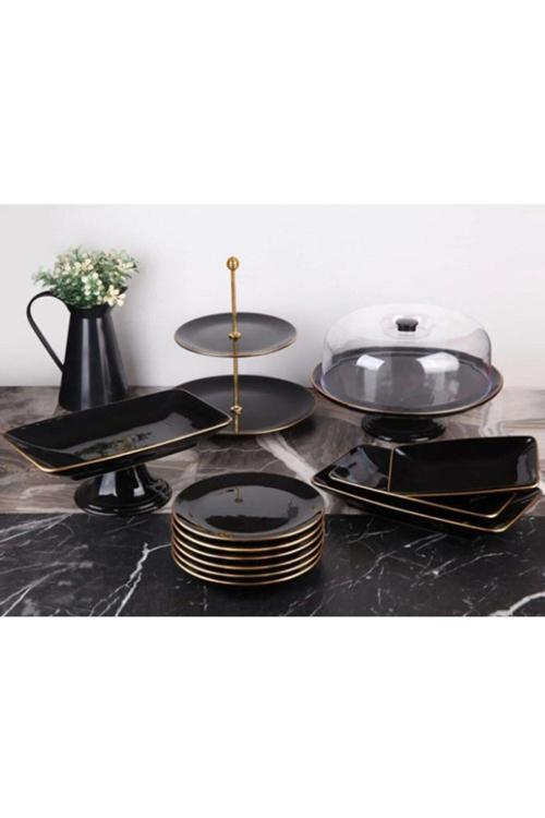 13 Parça Siyah Gold Pasta Servis Sunum Seti
