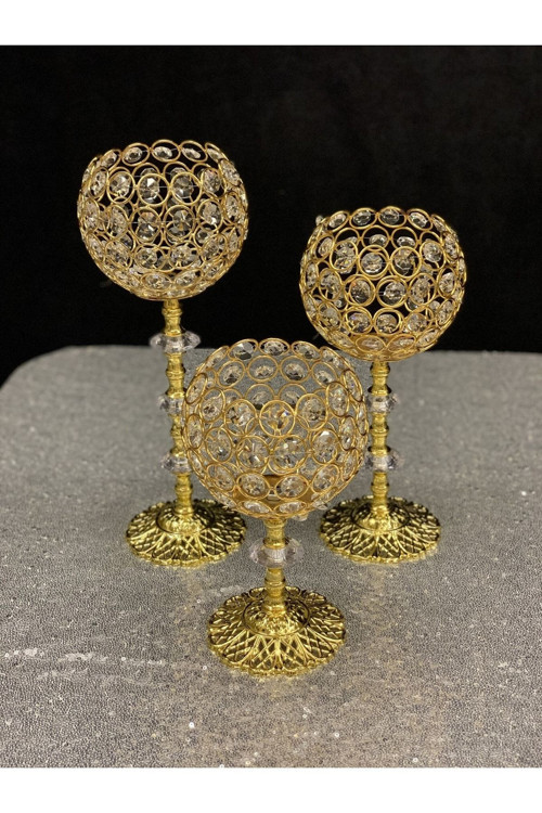 Kristal Taşlı Ayaklı Gold Şamdan 3'Lü Set