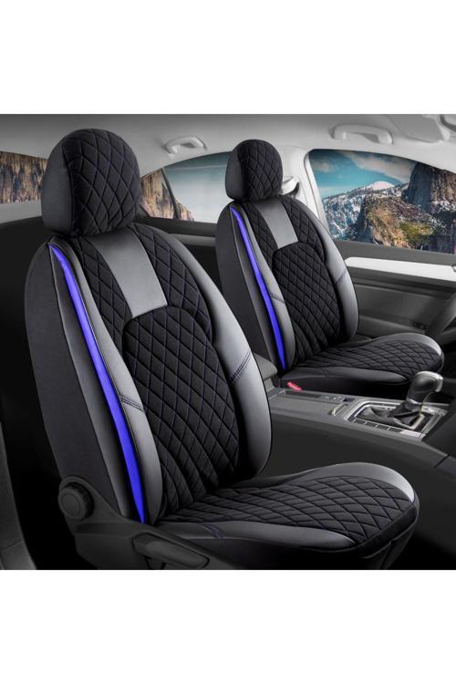 Toyota Camry 2007–2011 Uyumlu Lüx Yarı Deri Oto Koltuk Kılıfı Ön Arka Takım Chester Siyah Mavi