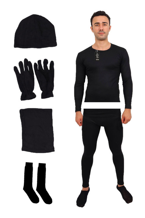 Siyah Termal Içlik Takımı Polar Bere Boyunluk Eldiven Havlu Çorap Seti - 2XL