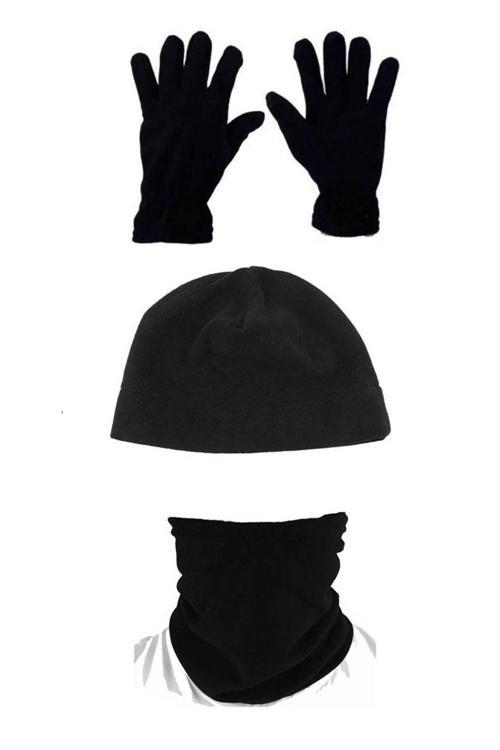 Unisex Siyah 3'Lü Set Polar Bere Boyunluk Eldiven Standart