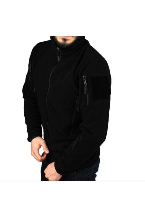 Erkek Taktik Sade Mont 5 Cepli Siyah Polar Üst M