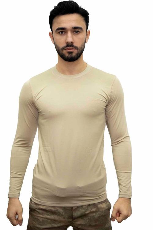 Bej Askeri Termal Microfiber Uzun Kol Tişört- Mikrofiber Spor Tişörtü 2XL