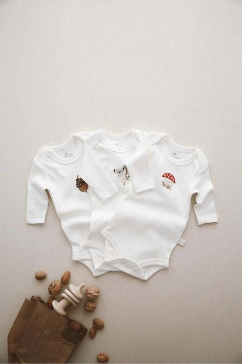 Ohlalakoala 3Lü Nakışlı Çıt Çıtlı Uzun Kollu Body-Zıbın Model 1 0-3 Ay