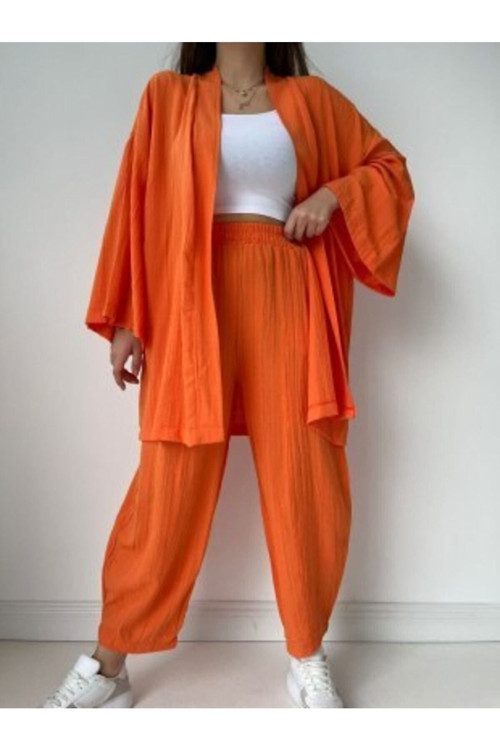 Turuncu Gofre Kimono Alt-Üst Takım