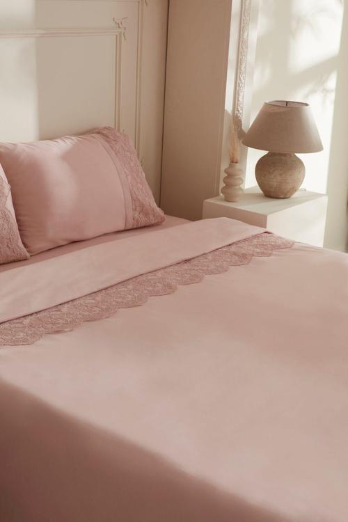 Valeria Güpürlü Çift Kişilik Nevresim Takımı Pudra