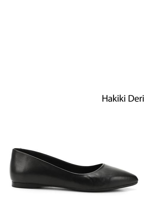 Kadın Siyah Sivri Burun Düz Taban Hakiki Deri Babet