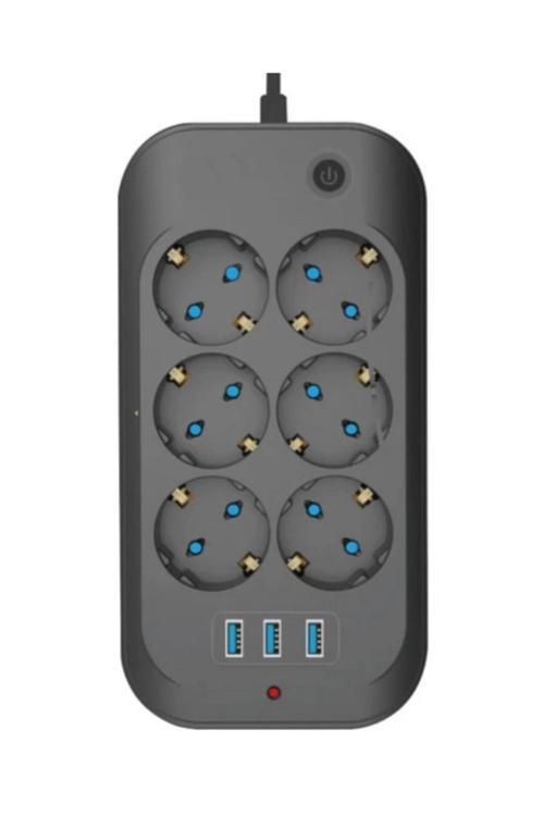 Termal Akım Korumalı, Çocuk Korumalı, 6’lı 2 Mt Uzatma Kablosu 6 X Priz, 3 X Usb