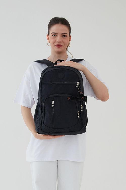 Unisex Krinkıl Kumaş Su Geçirmez Büyük Boy Çok Gözlü Siyah Seyahat Sırt Çantası Lise Orta Okul Çanta