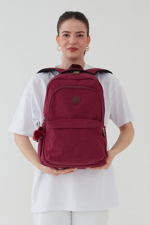 Unisex Krinkıl Su Geçirmez Kumaş Büyük Boy Çok Gözlü Okul Seyahat Sırt Çantası Bordo