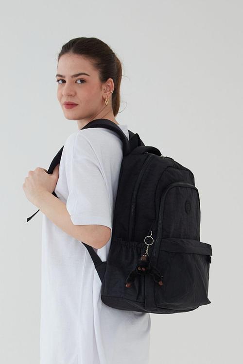Unisex Krinkıl Su Geçirmez Kumaş Büyük Boy Çok Gözlü Okul Seyahat Sırt Çantası Siyah