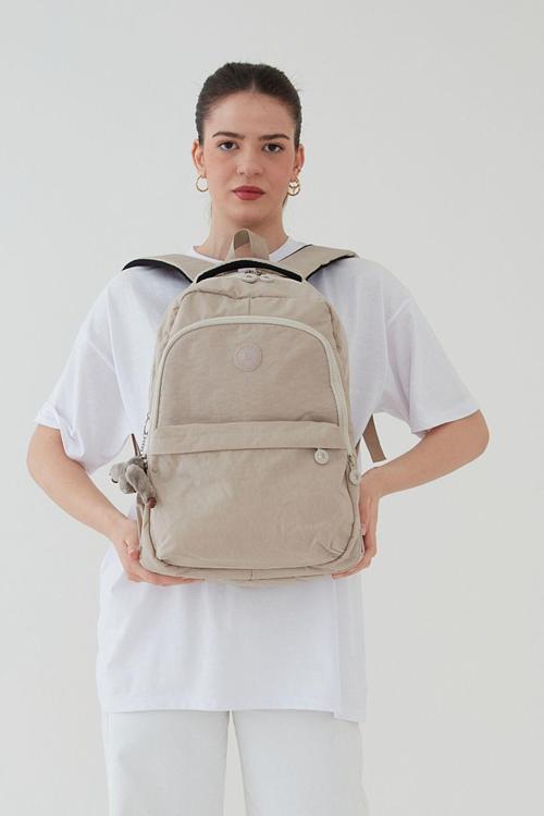 Unisex Krinkıl Su Geçirmez Kumaş Büyük Boy Gözlü Okul Seyahat Sırt Çantası Krem Bej
