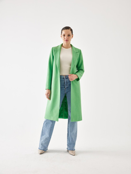 Fıstık Yeşili Tek Düğme Detay Kaşe Kaban