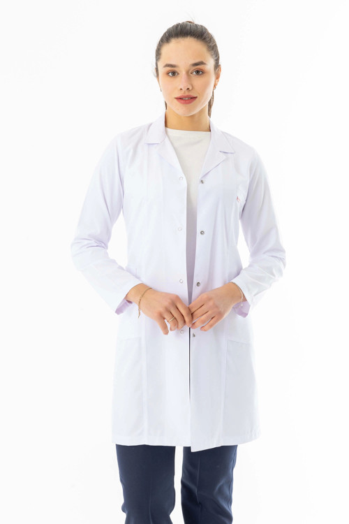 Spor Yaka Uzun Kol Kadın Doktor Önlüğü Alpaka Kumaş Beyaz (RNKO101)