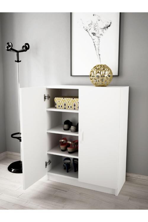 2 Kapaklı 4 Raflı Ayakkabılık, Çok Amaçlı Dolap, Ayakkabı Dolabı Beyaz 70x33x90 cm