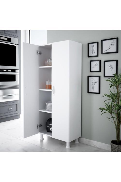2 Kapaklı 4 Raflı Mutfak Dolabı Banyo Dolabı Çok Amaçlı Dolap Beyaz 60x32x140 cm