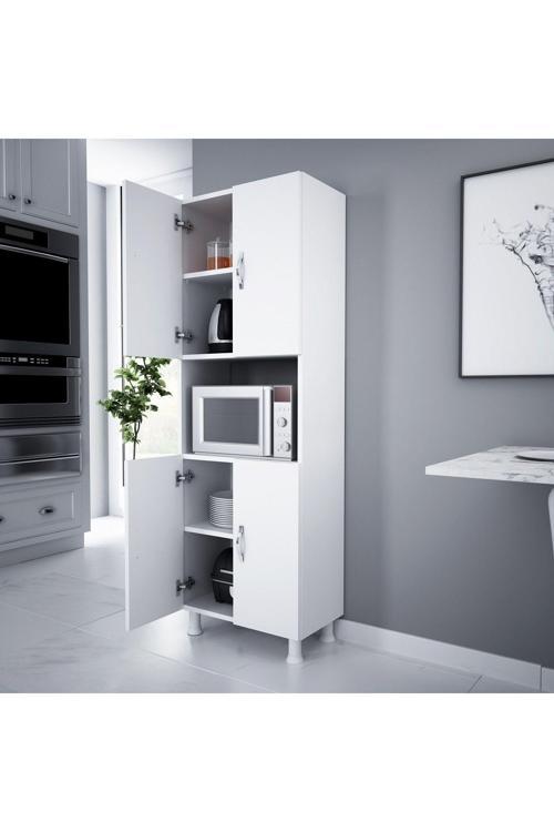 4 Kapaklı Orta Mikrodalga Mini Fırın Bölmeli Mutfak Dolabı Çok Amaçlı Dolap Beyaz 56x32x161 cm