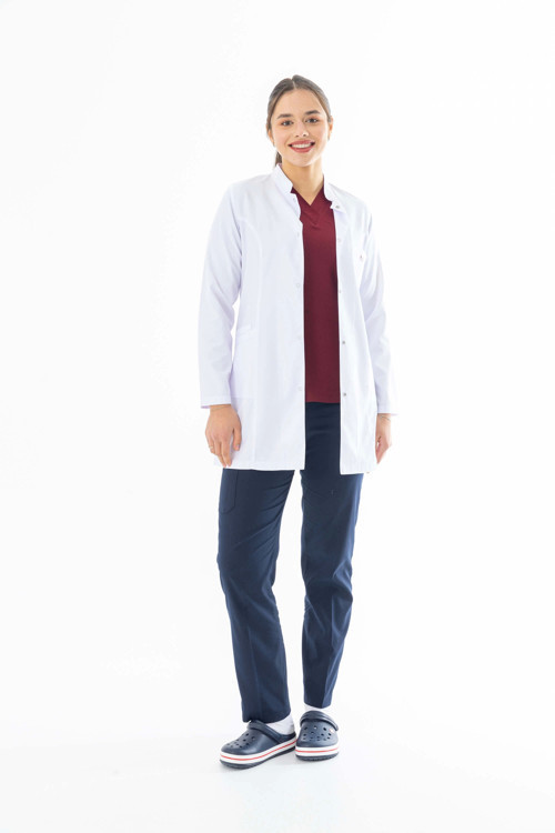 Hakim Yaka Orta Boy Kadın Doktor Önlüğü Alpaka Kumaş Beyaz (BKO002)