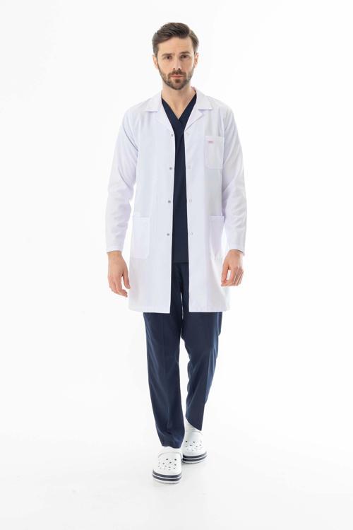 Spor Yaka Uzun Boy Erkek Doktor Önlüğü Alpaka Kumaş Beyaz (BEO102)