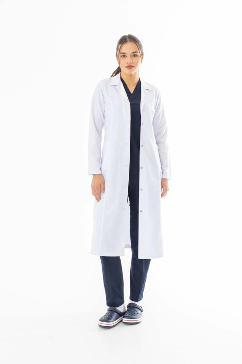 Spor Yaka Maxi Boy Kadın Doktor Önlüğü Alpaka Kumaş Beyaz (BKO008)