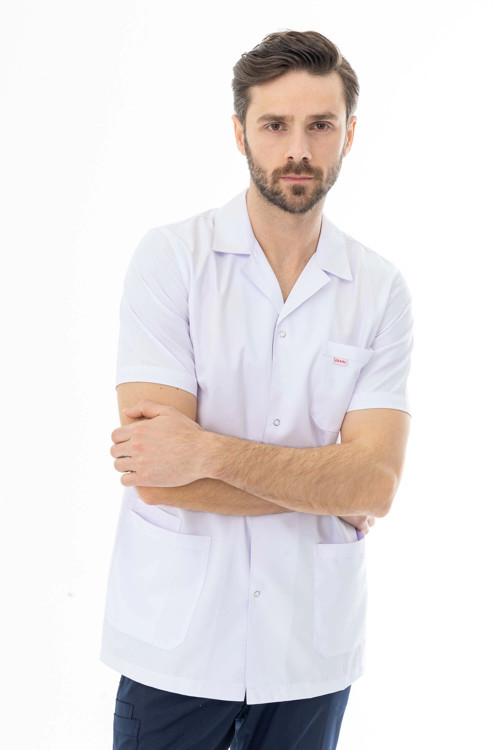 Spor Yaka Kısa Kol Erkek Doktor Önlüğü Alpaka Kumaş Beyaz (BEO106)