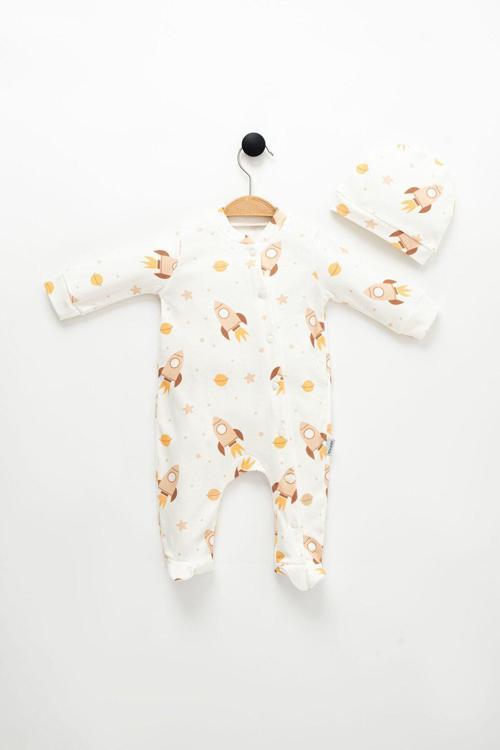 Unisex Bebek Uzay Mekiği Baskılı Şapkalı Uyku Tulumu 2 Parça 0-3,0-6 Ay